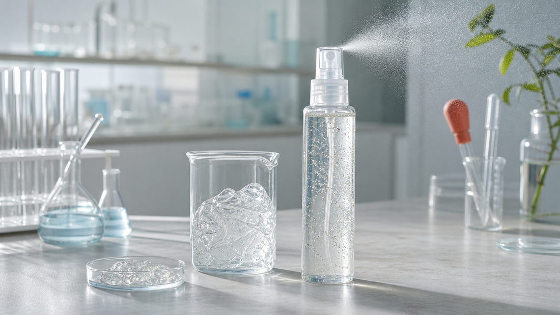 Clear jelly serum mist bottle on a cosmetic laboratory bench