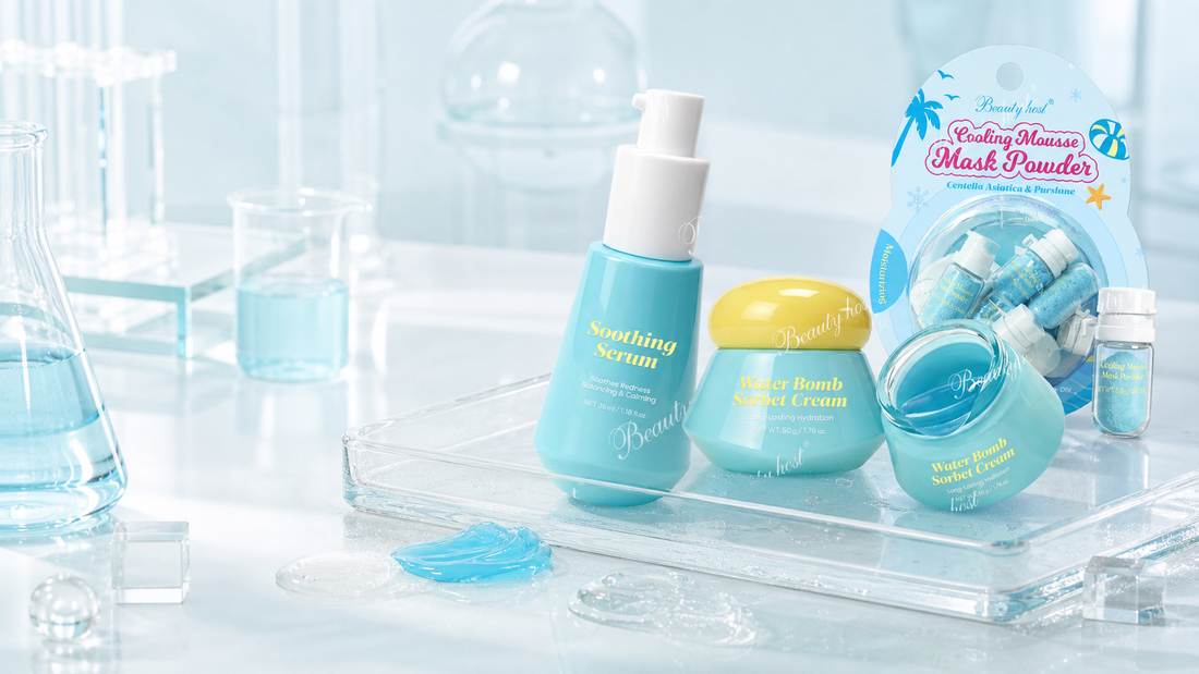 Cooling skincare formats with real serum, sorbet cream, and mousse mask products in a laboratory setting