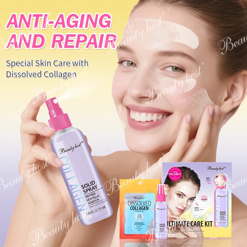 Beauty Host Multi-Zone Ultimate Care Kit with collagen patches and solid facial spray beside a model