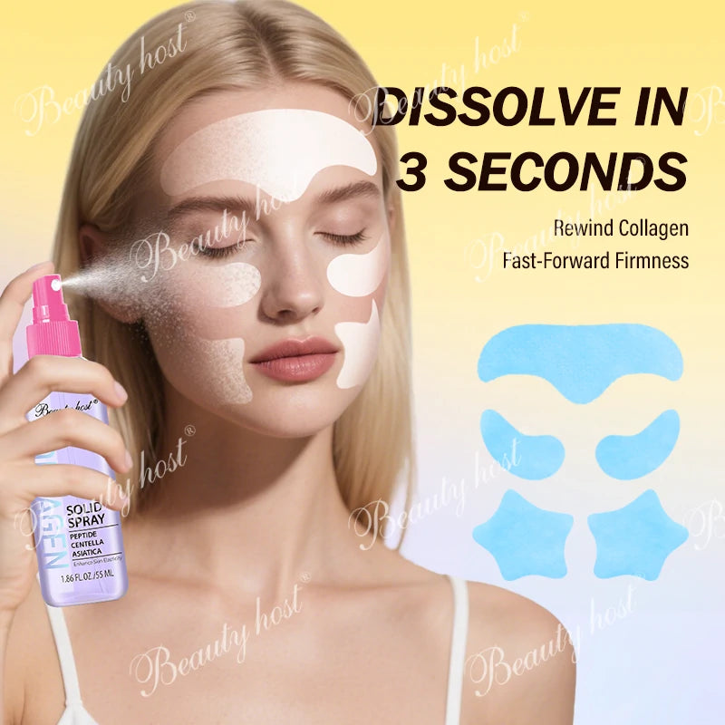 Model wearing multi-zone collagen face patches beside a solid facial spray