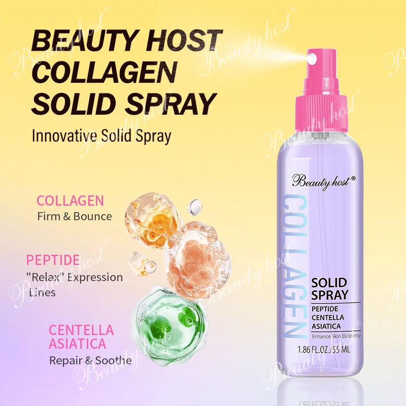Beauty Host collagen solid spray bottle with collagen, peptide and centella asiatica ingredient illustration