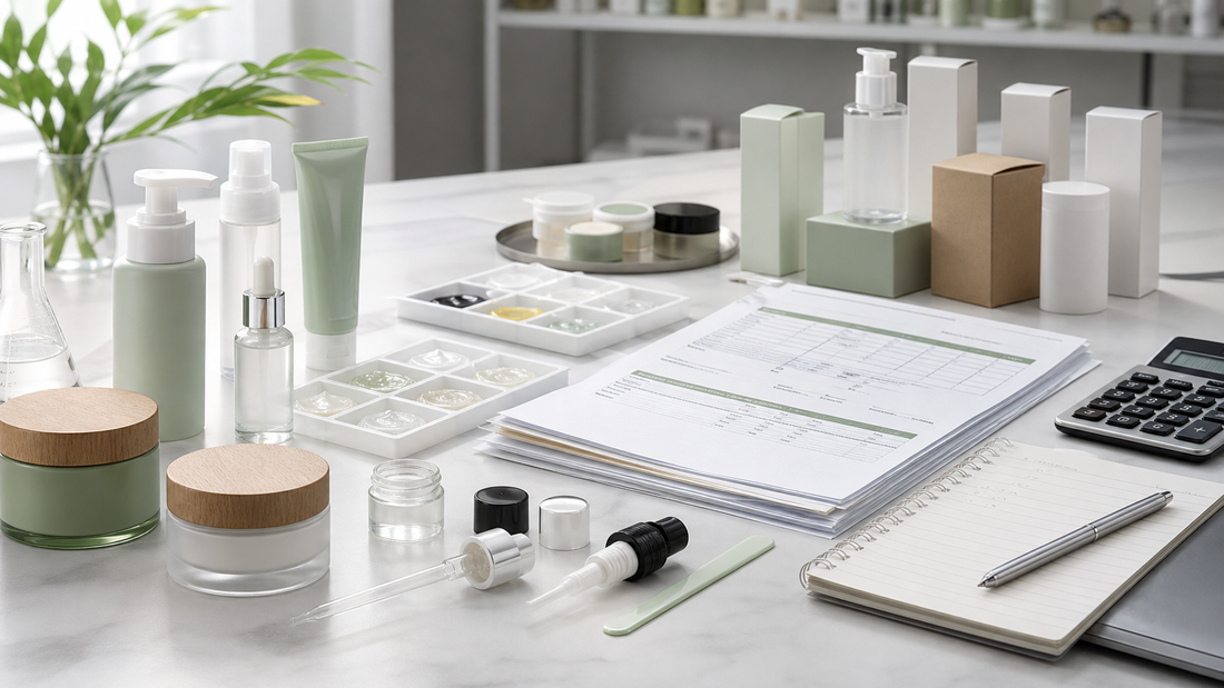 Skincare quotation planning desk with packaging samples, formula trays, and costing documents