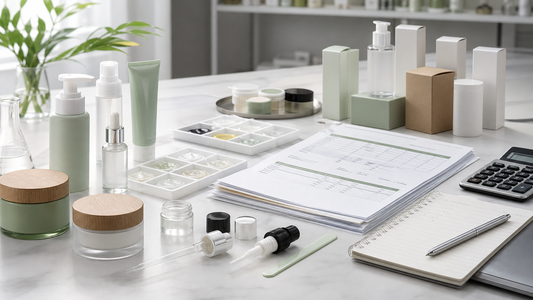 Skincare quotation planning desk with packaging samples, formula trays, and costing documents