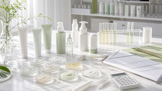 Sun-care product development table with sunscreen samples, packaging, product brief documents, and lab tools