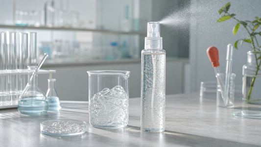 Clear jelly serum mist bottle on a cosmetic laboratory bench