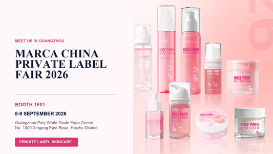 Marca China Private Label Fair 2026 event details with ELOV Rose PDRN skincare products