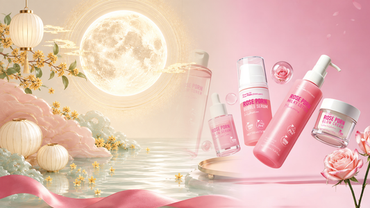 Rose PDRN skincare collection in a refined Mid-Autumn full-moon setting