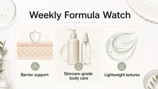 Weekly skincare formula watch infographic showing barrier support, skincare-grade body care, and lightweight texture signals